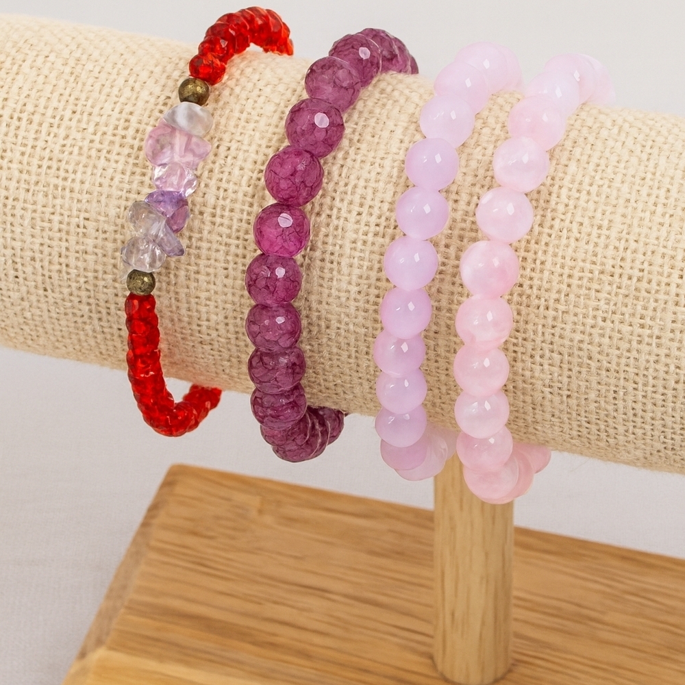 4 Beaded Stone Bracelets Handmade Rose Quartz Gemstone